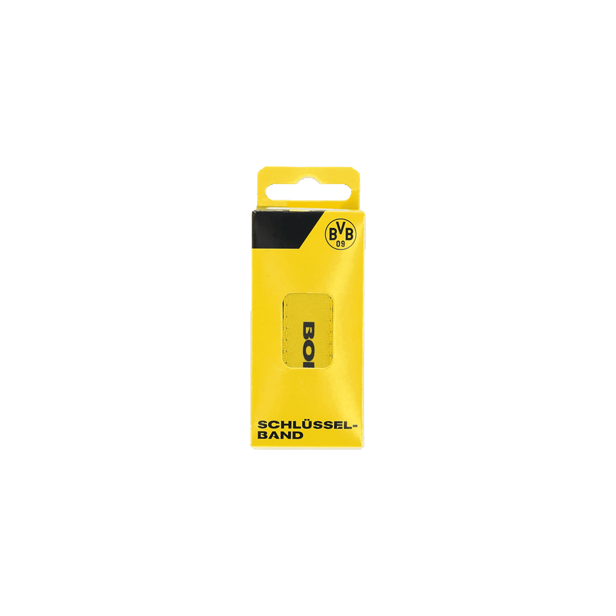 Portachiavi del Borussia Dortmund nei colori nero e giallo con scritta, confezionato in una scatola gialla con il logo del BVB sulla parte superiore.