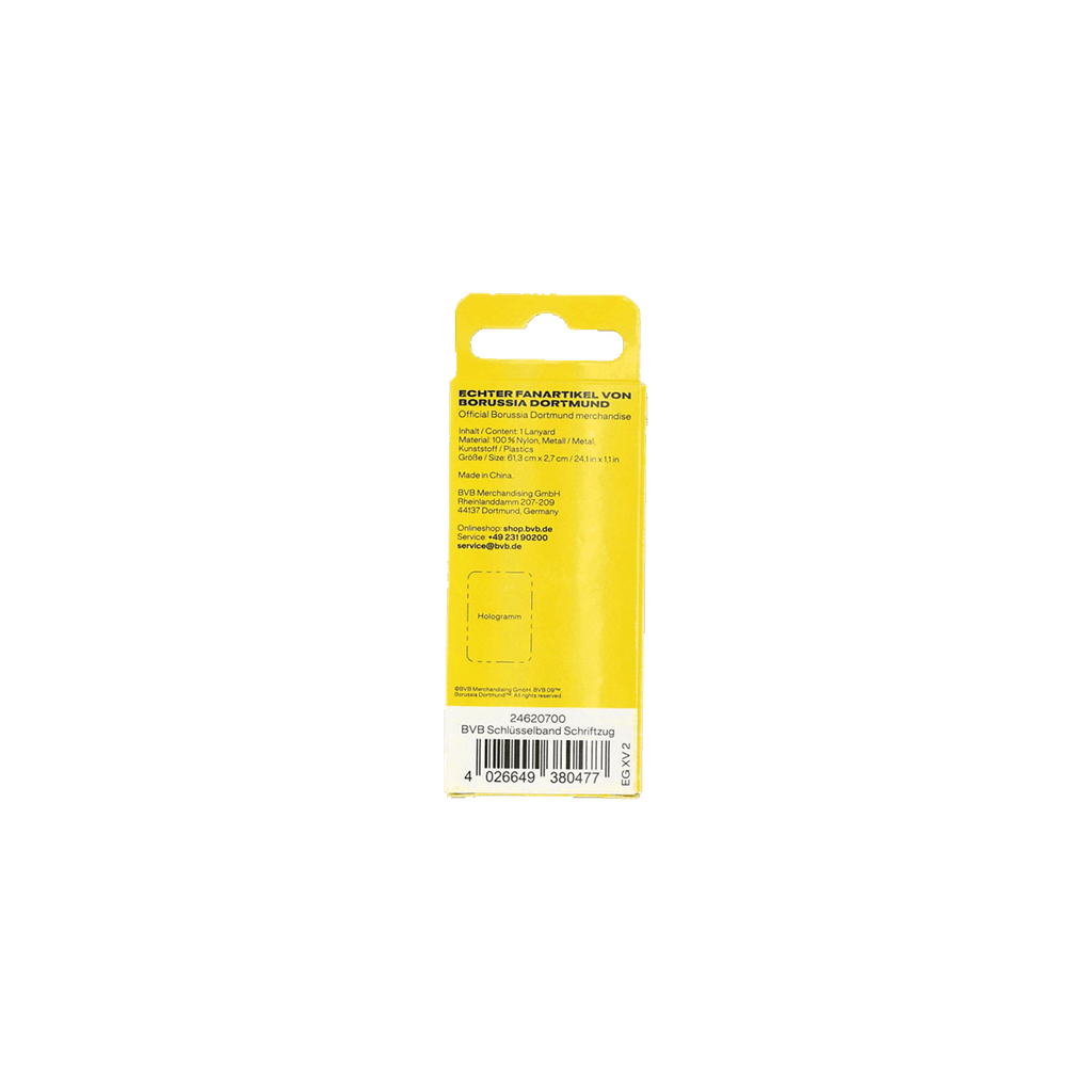 Rückseite der Verpackung des offiziellen Borussia Dortmund Schlüsselbands mit Produktdetails und Barcode auf gelbem Hintergrund.