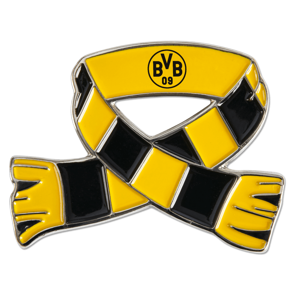 Un pin del Borussia Dortmund con forma de bufanda negra y amarilla con el logotipo del BVB en el centro.