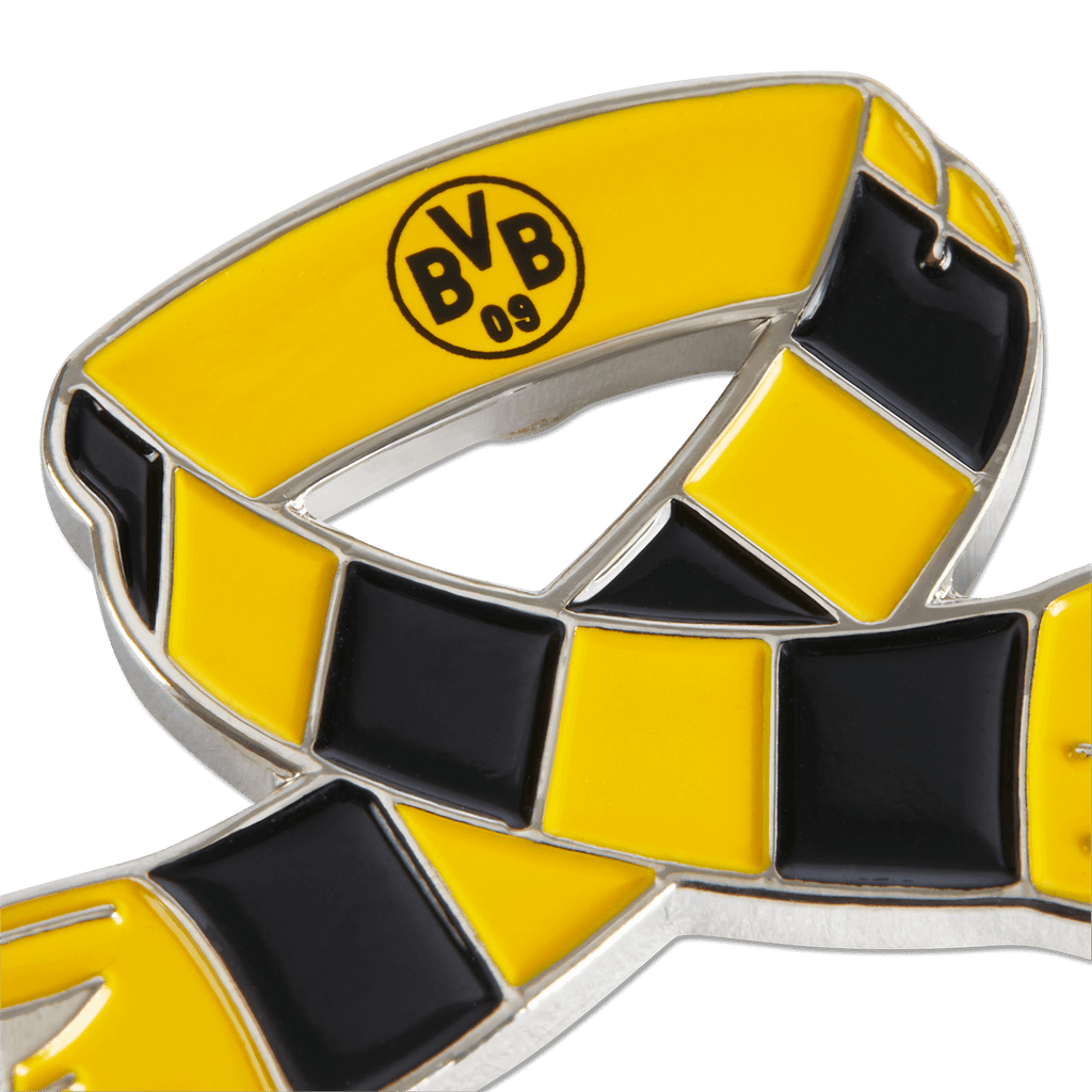一款黑黄配色的多特蒙德（BVB）徽章，呈围巾形状，印有BVB徽标和数字09。