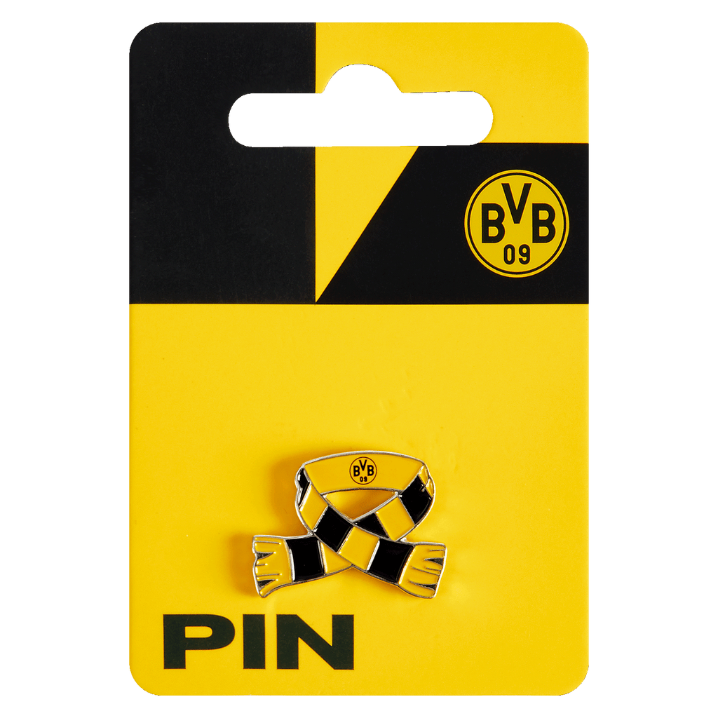 一款以黑黄条纹围巾为造型的多特蒙德队（BVB）徽章，上面印有BVB标志，包装在印有黑色字样的黄色卡片上。