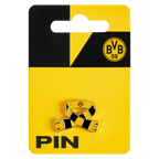一款以黑黄条纹围巾为造型的多特蒙德队（BVB）徽章，上面印有BVB标志，包装在印有黑色字样的黄色卡片上。