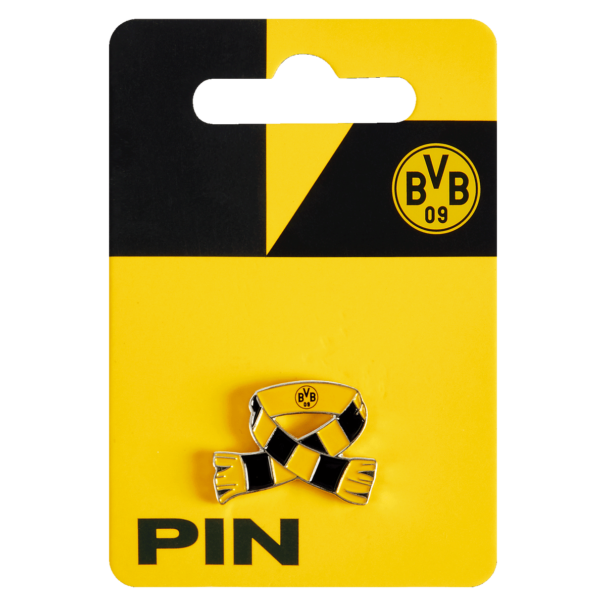 Insignia del BVB con forma de bufanda negra y amarilla con el logotipo del BVB, empaquetada en una tarjeta amarilla con impresión en negro.