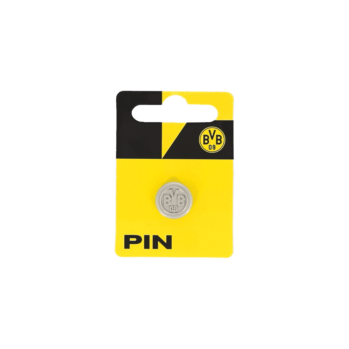 Silver-colored metal BVB pin featuring the BVB emblem, presented in yellow-and-black packaging—perfect for Borussia Dortmund fans.