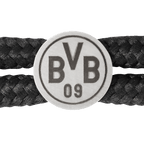 黑色编织手链，配有圆形银色BVB 09队徽，表面带有压花纹理，是一款优雅的球迷配饰。