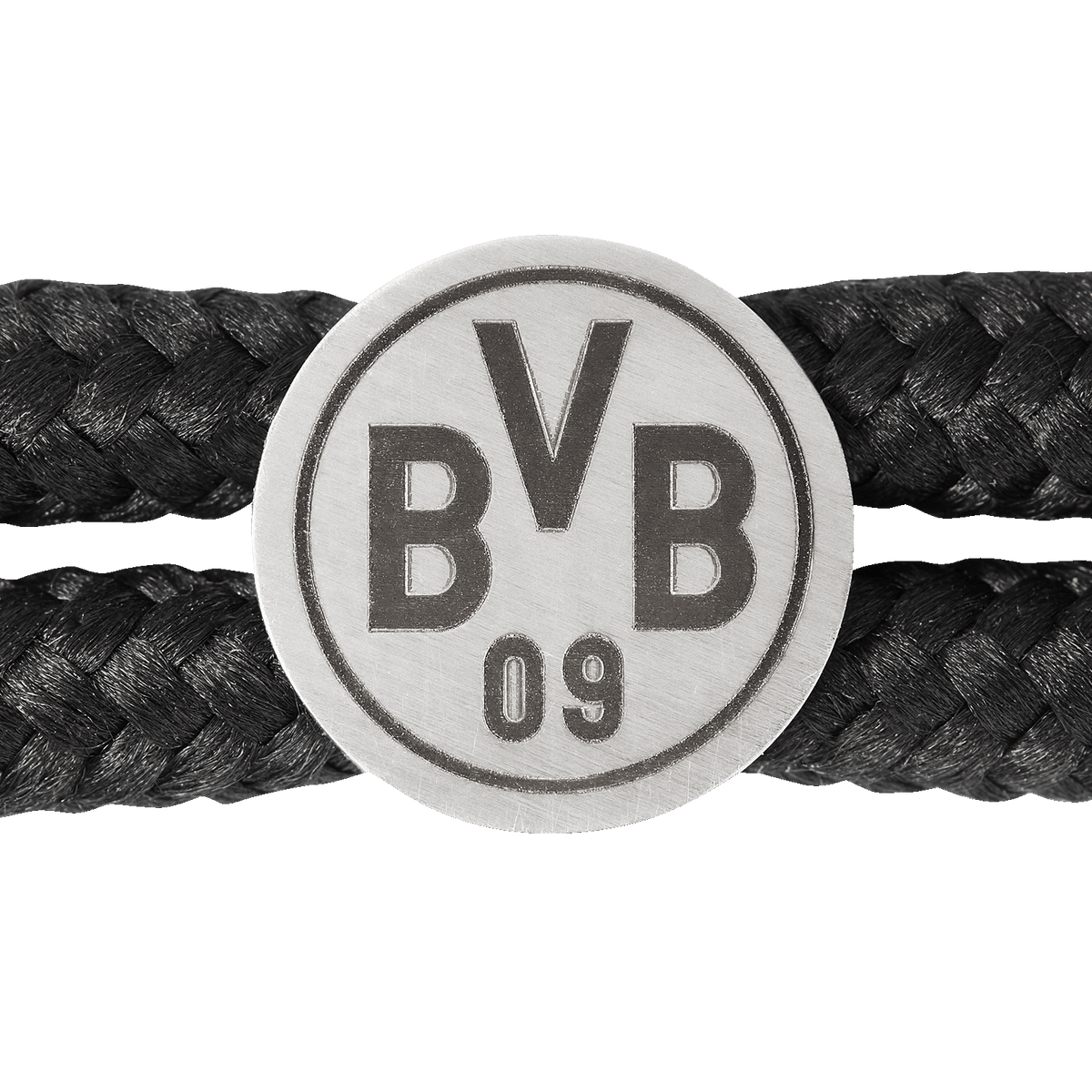 黑色编织手链，配有圆形银色BVB 09队徽，表面带有压花纹理，是一款优雅的球迷配饰。