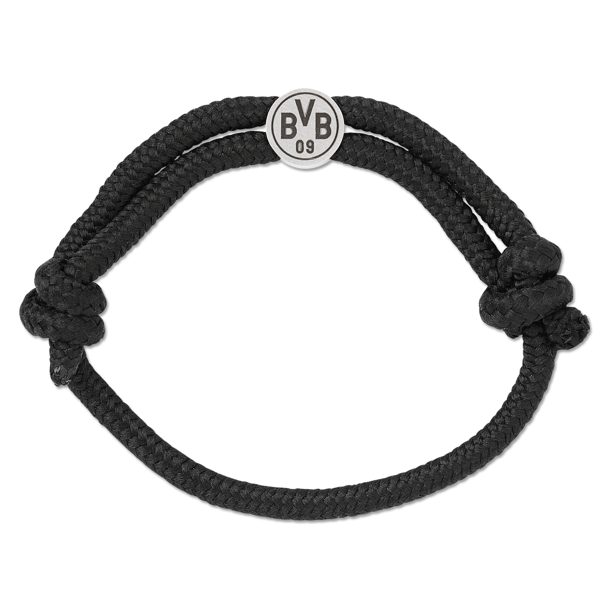 Pulsera negra del BVB con un colgante redondo de metal que muestra el logotipo oficial del BVB 09. Un complemento moderno para los aficionados del Borussia Dortmund.