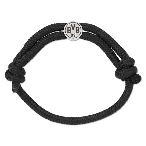 Schwarzes BVB-Armband mit einem runden Metallanhänger, der das offizielle BVB 09-Logo zeigt. Ein modernes Accessoire für Fans von Borussia Dortmund.