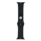 Apple Watch 黑色硅胶表带，正面视图，配有银色表扣细节。