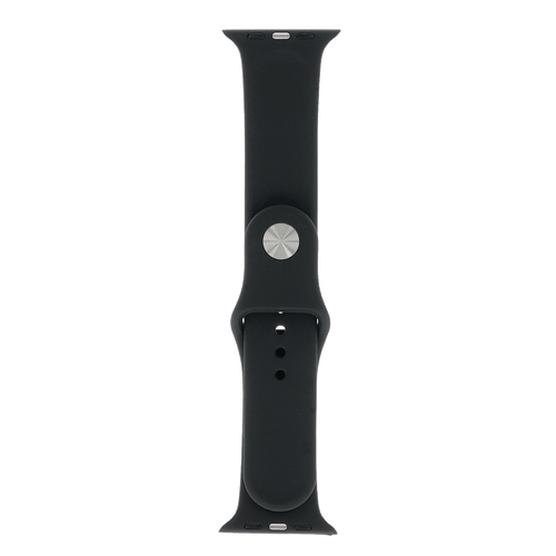 Schwarzes Silikonarmband für die Apple Watch, Vorderansicht mit silbernen Verschlussdetails.