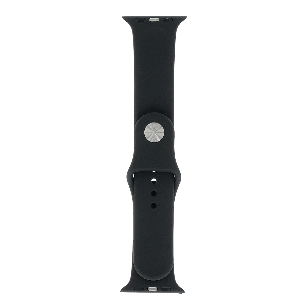 Schwarzes Silikonarmband für die Apple Watch, Vorderansicht mit silbernen Verschlussdetails.