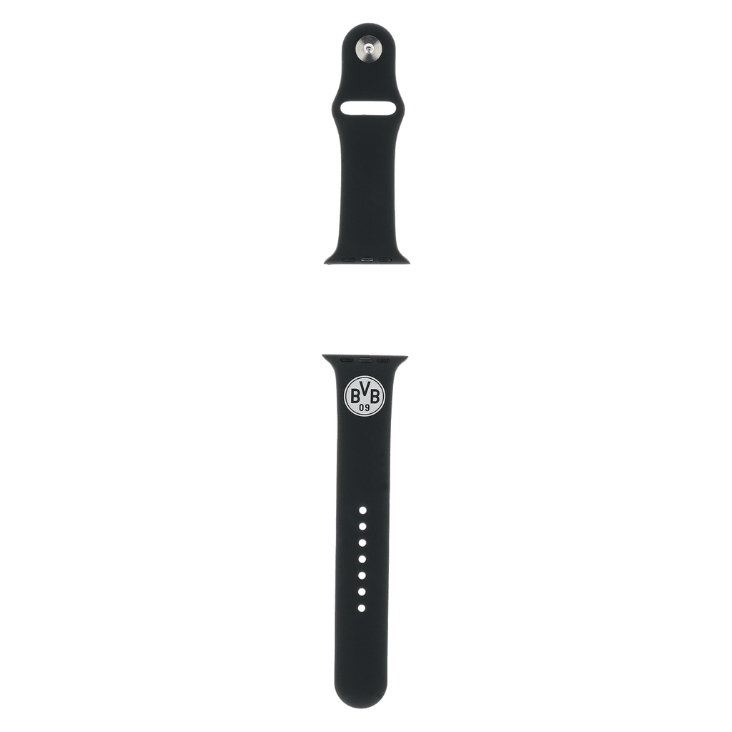 黑色Apple Watch表带，饰有多特蒙德（BVB）队徽，适合多特蒙德球迷佩戴。