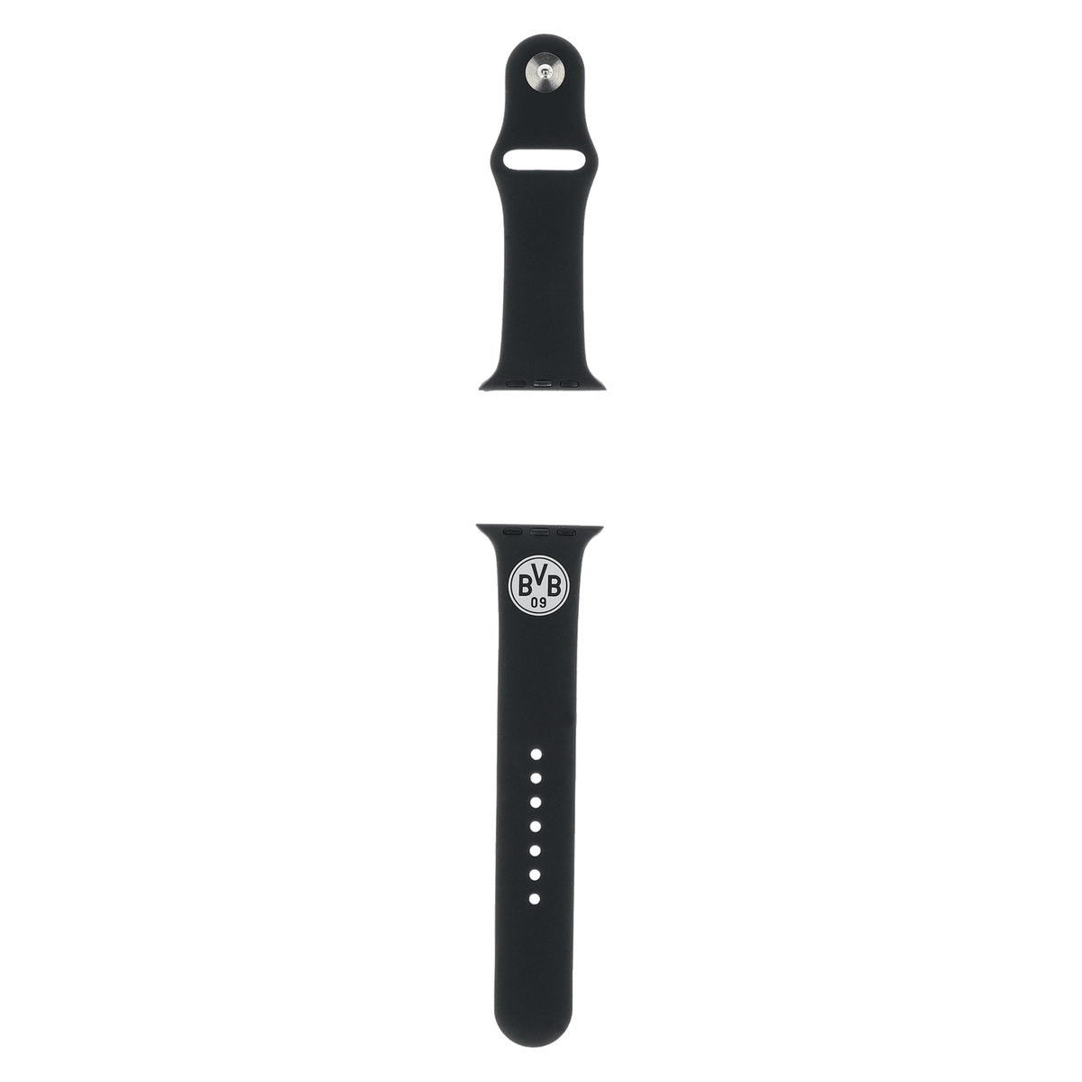 黑色Apple Watch表带，饰有多特蒙德（BVB）队徽，适合多特蒙德球迷佩戴。
