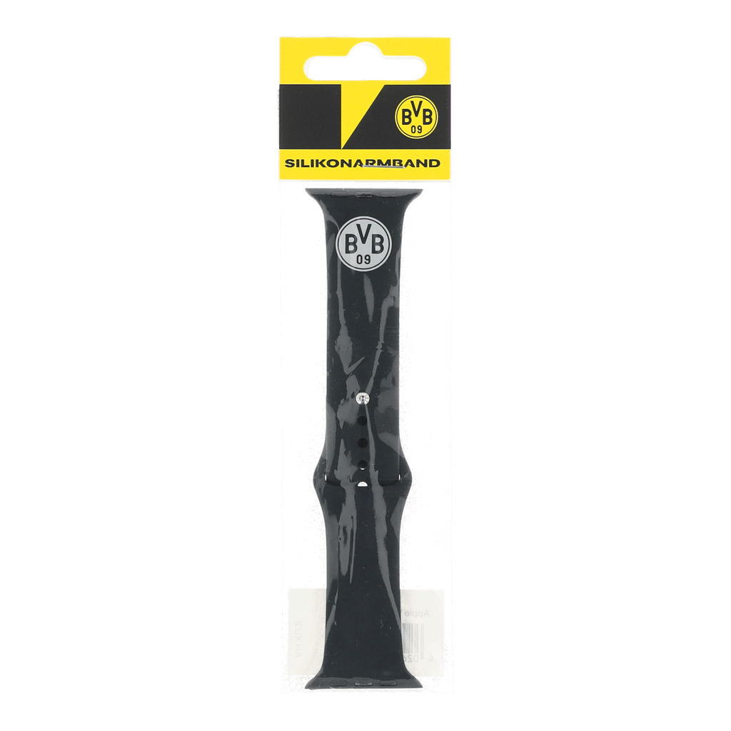 黑色BVB硅胶表带，专为Apple Watch设计，印有BVB标志；采用黑黄双色包装，适合多特蒙德球迷。