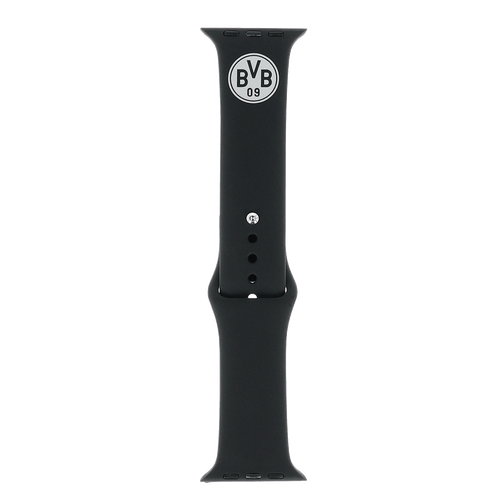 Schwarzes Apple Watch Armband mit dem BVB-Logo und der Aufschrift 'BVB 09', ideal für Borussia Dortmund Fans.