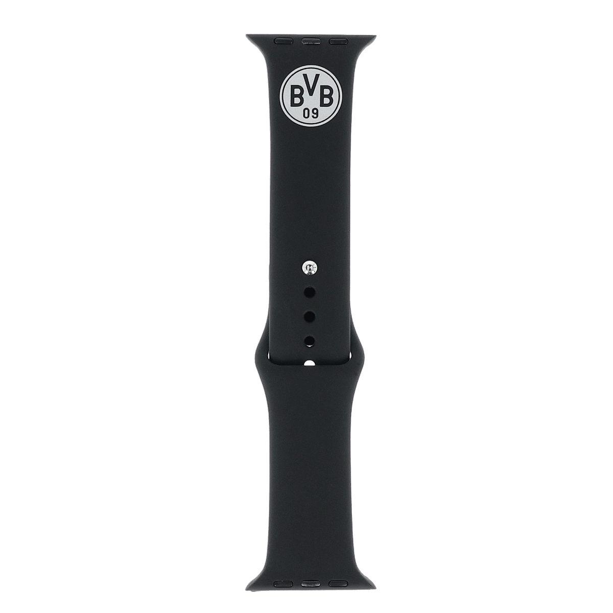 Schwarzes Apple Watch Armband mit dem BVB-Logo und der Aufschrift 'BVB 09', ideal für Borussia Dortmund Fans.