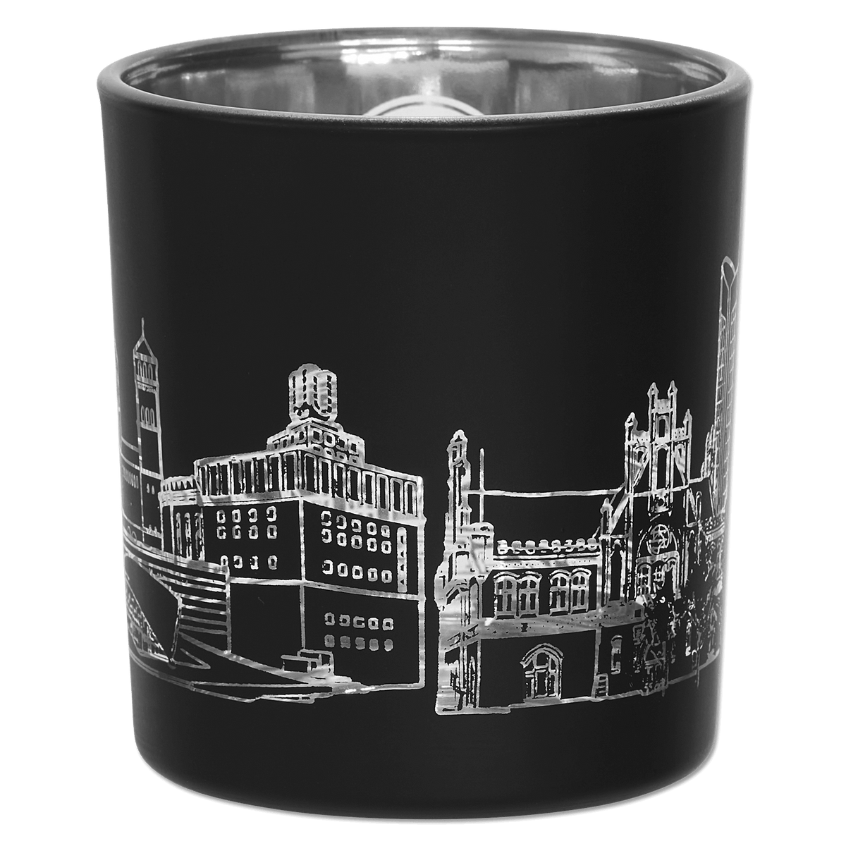 Schwarzes BVB-Windlicht mit filigraner Stadtsilhouette von Dortmund. Perfektes Accessoire für Fans von Borussia Dortmund und als stilvolle Dekoration geeignet.