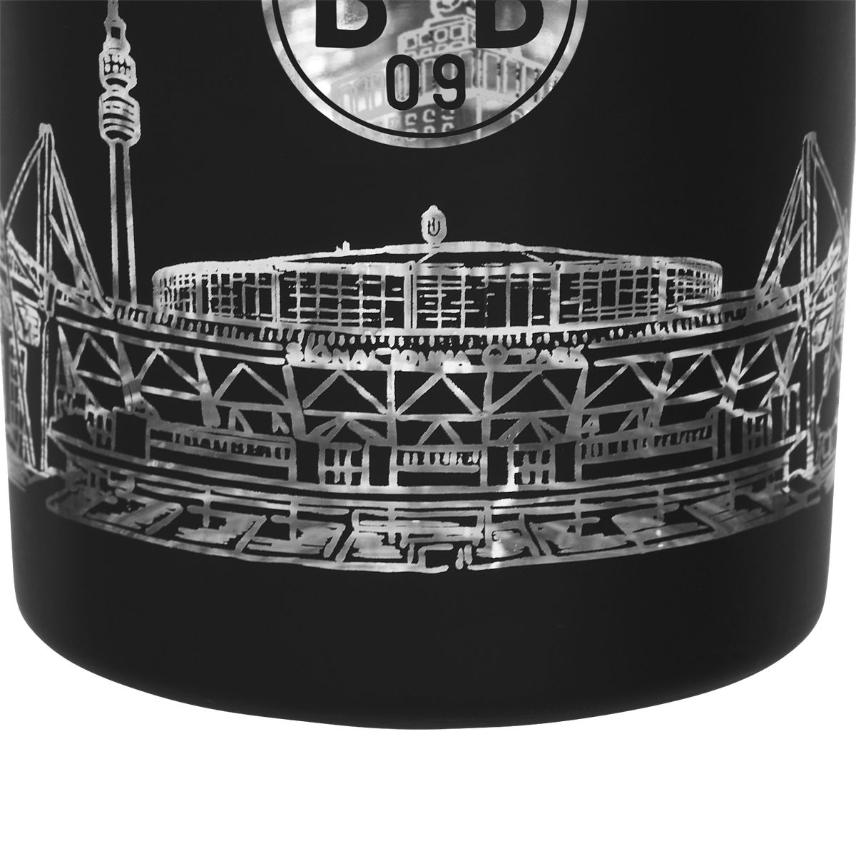 Elegante lanterna nera del BVB con una raffinata incisione dello stadio SIGNAL IDUNA PARK e il distintivo del BVB in evidenza, ideale come oggetto decorativo per i tifosi.
