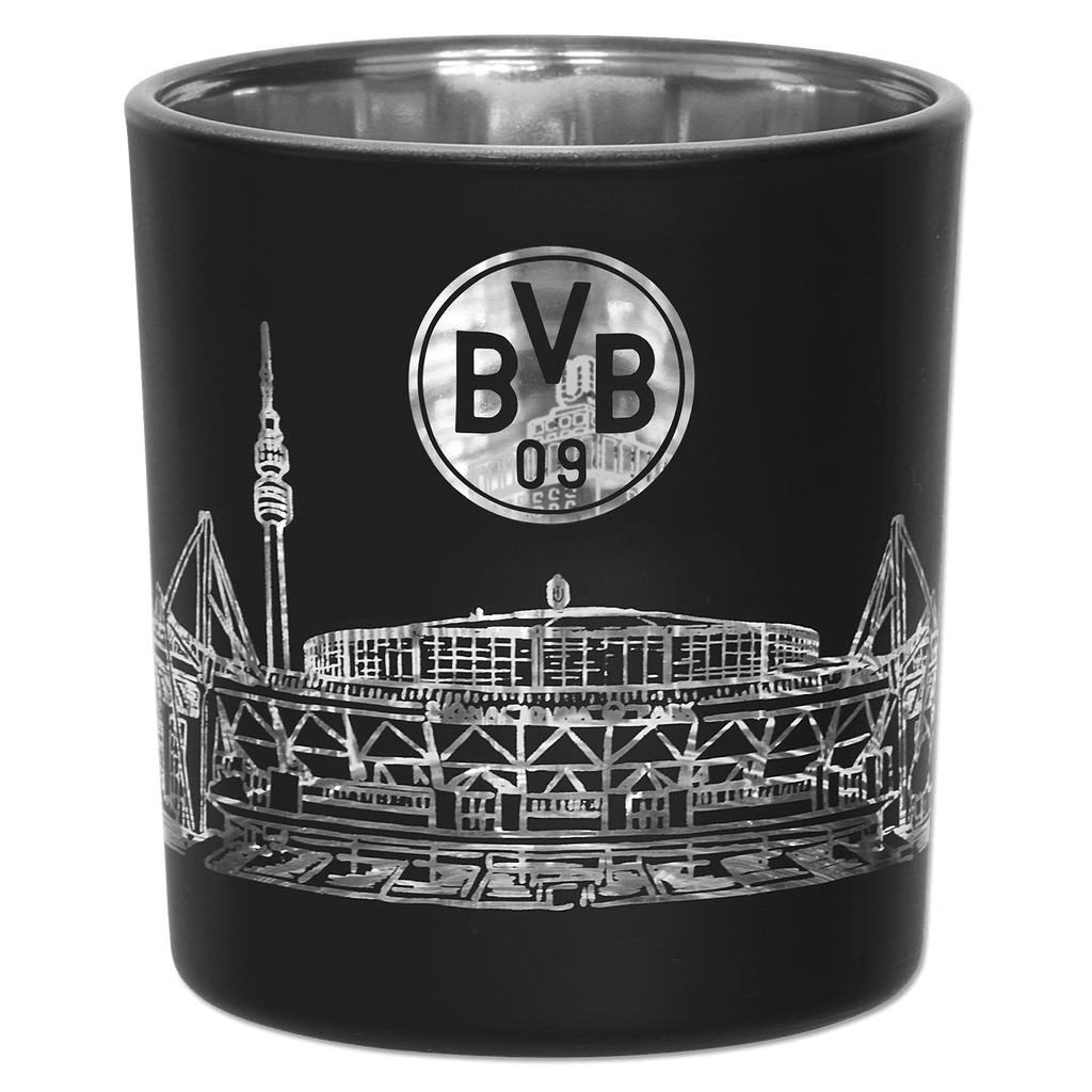 Lanterna nera con un'incisione argentata ricca di dettagli raffigurante il SIGNAL IDUNA PARK e il logo del BVB, ideale per i tifosi del Borussia Dortmund.