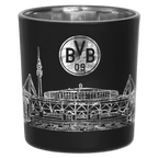 Lanterna nera con un'incisione argentata ricca di dettagli raffigurante il SIGNAL IDUNA PARK e il logo del BVB, ideale per i tifosi del Borussia Dortmund.