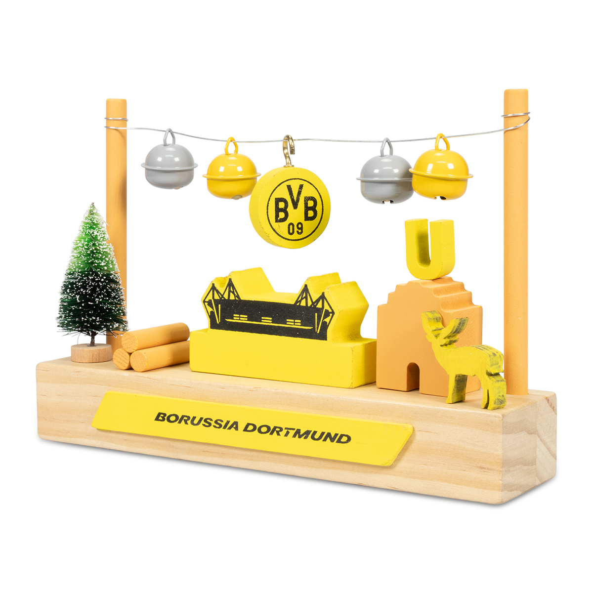 SIGNAL IDUNA PARKのミニチュア、BVBのロゴ、鐘、そして黒と黄色のクリスマス装飾をあしらった装飾用木製スタンド。ボルシア・ドルトムントのファンアイテムです。