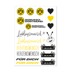 Candle wrap featuring the BVB design with various motifs, such as logos, black-and-yellow hearts, the Borussia Dortmund EMMA, and the SIGNAL IDUNA PARK stadium—perfect for DIY projects and gifts.