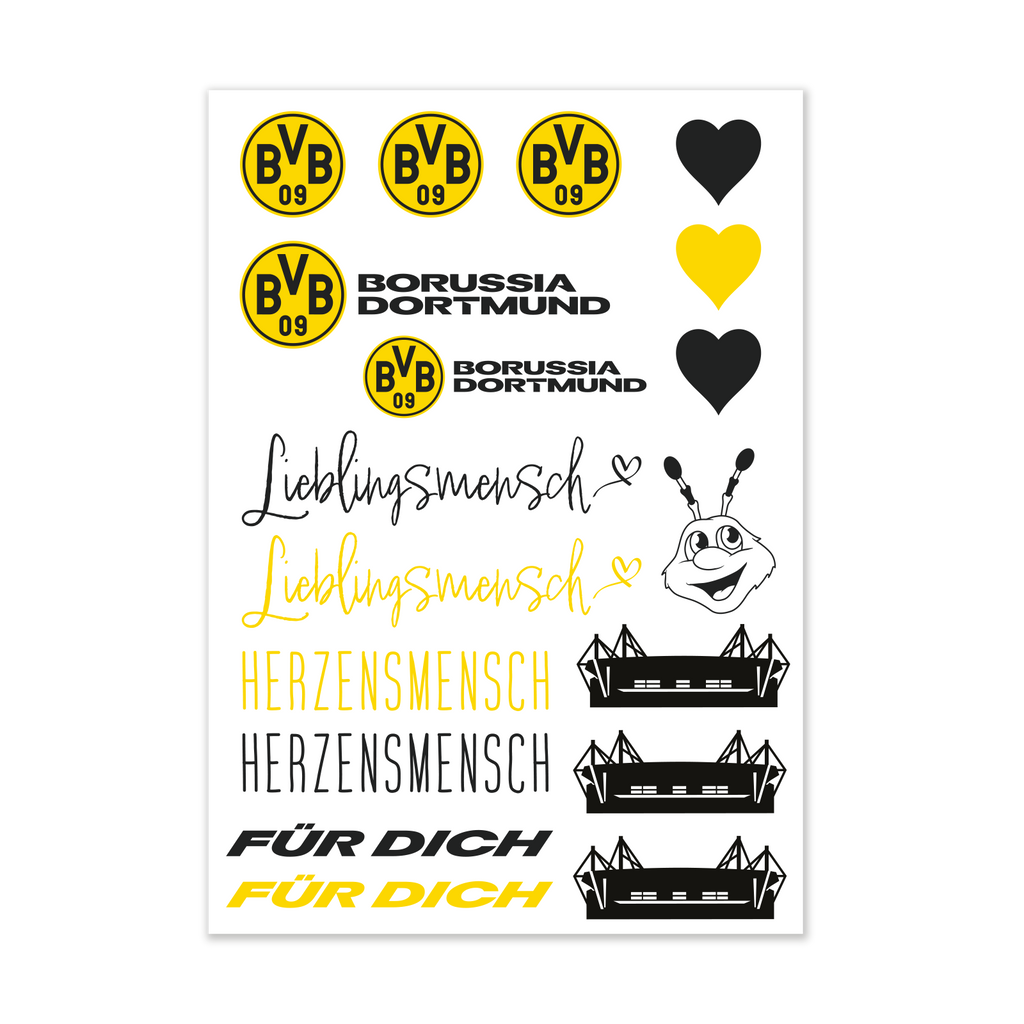 Papel de envolver para velas con el diseño del BVB y diversos motivos, como logotipos, corazones en negro y amarillo, la mascota del Borussia Dortmund, EMMA, y el estadio SIGNAL IDUNA PARK, ideal para proyectos de bricolaje y regalos.