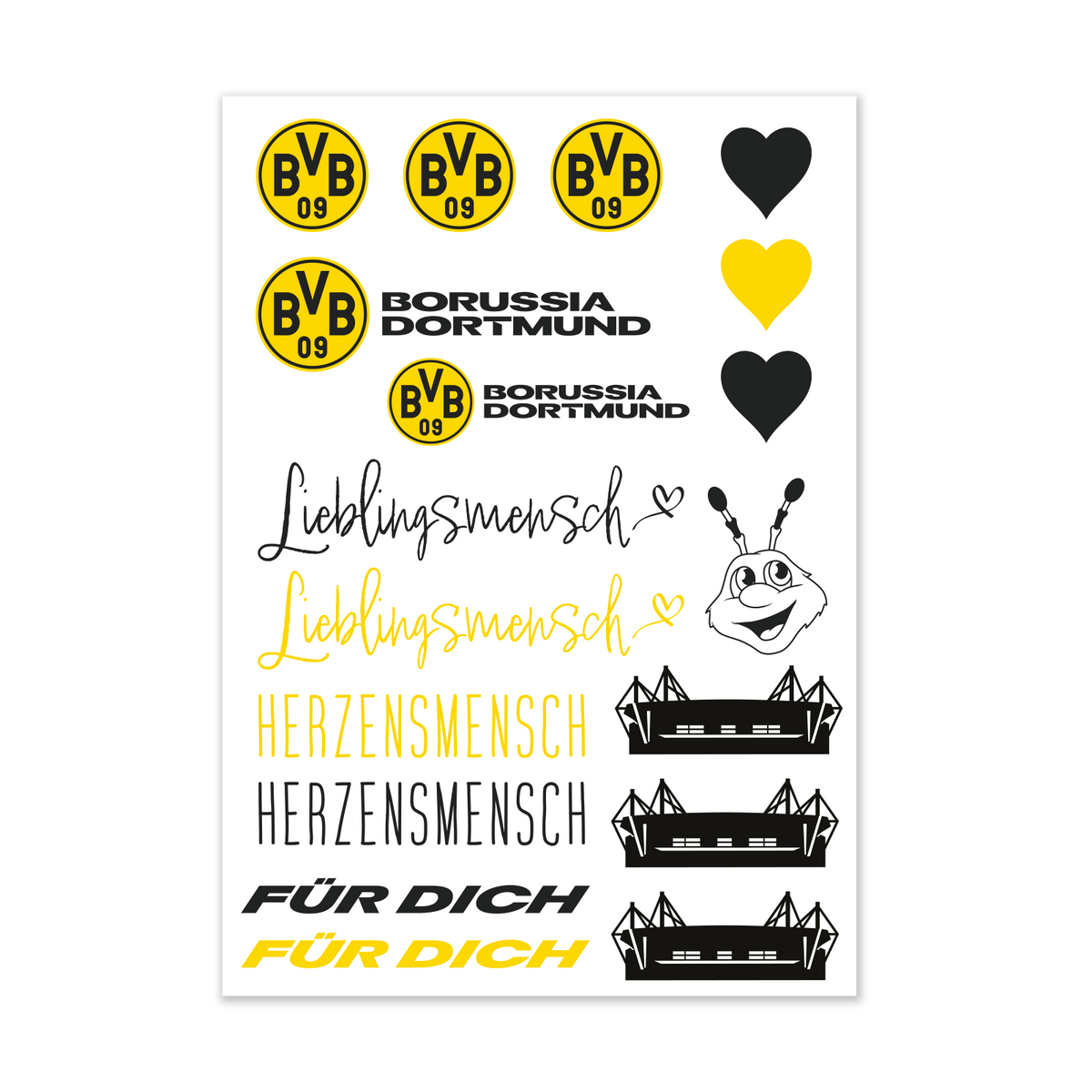 Kerzenfolie im BVB-Design mit verschiedenen Motiven wie Logos, schwarzgelben Herzen, der Borussia Dortmund EMMA und dem Stadion SIGNAL IDUNA PARK, perfekt für DIY-Projekte und Geschenke.