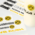 Kit DIY de láminas para velas del BVB con diversos motivos del Borussia Dortmund en negro y amarillo, ideal para proyectos creativos.