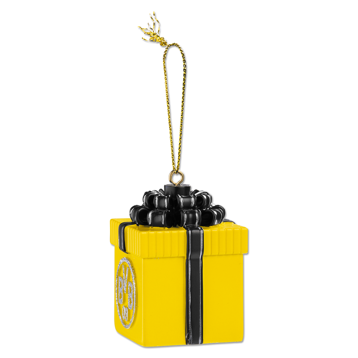 Pendentif pour sapin de Noël du Borussia Dortmund en forme de cadeau, aux couleurs jaune et noir, orné du logo du BVB. Idéal comme article de fan et décoration de sapin.