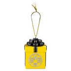 BVBの黒と黄色のクリスマスツリー用オーナメント。プレゼントの形をしており、きらめくBVBのロゴがあしらわれています。クリスマスシーズンにサッカーファンにとってぴったりの装飾品です。