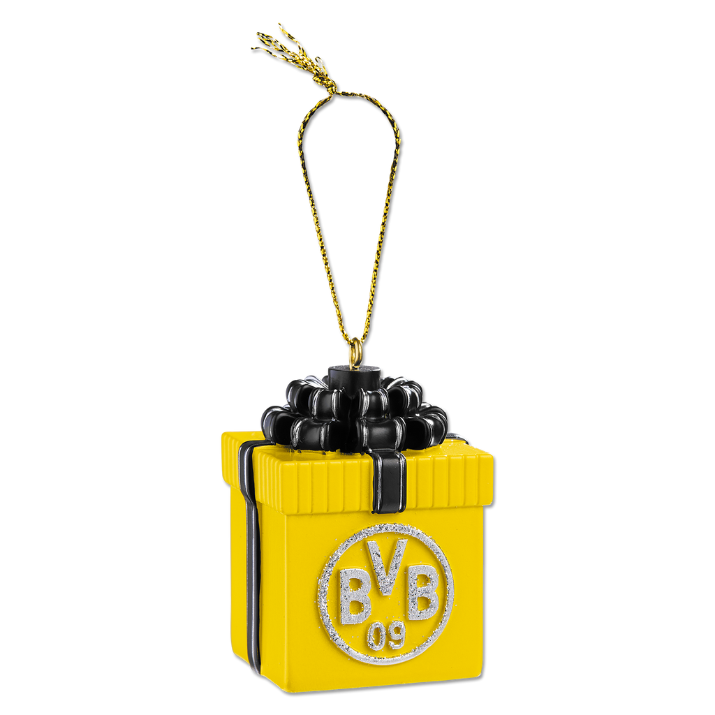 黒と黄色のBVBクリスマスツリー用オーナメント。ギフト型のデザインで、黒いリボンとBVBのロゴがあしらわれた、装飾用のファンアイテムです。