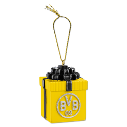 Black-and-yellow BVB Christmas tree ornament in the shape of a gift, featuring a black bow and the BVB logo, as a decorative fan item.