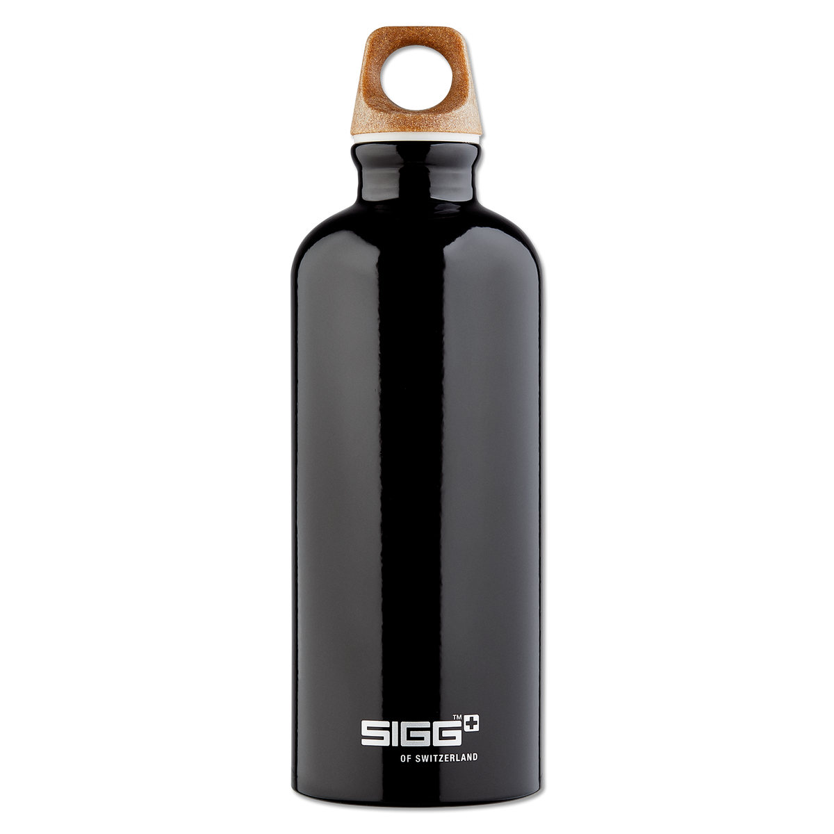 Schwarze BVB SIGG Trinkflasche aus Aluminium mit 0,6 Liter Fassungsvermögen, Holz-Schraubverschluss und SIGG-Logo auf der Vorderseite.