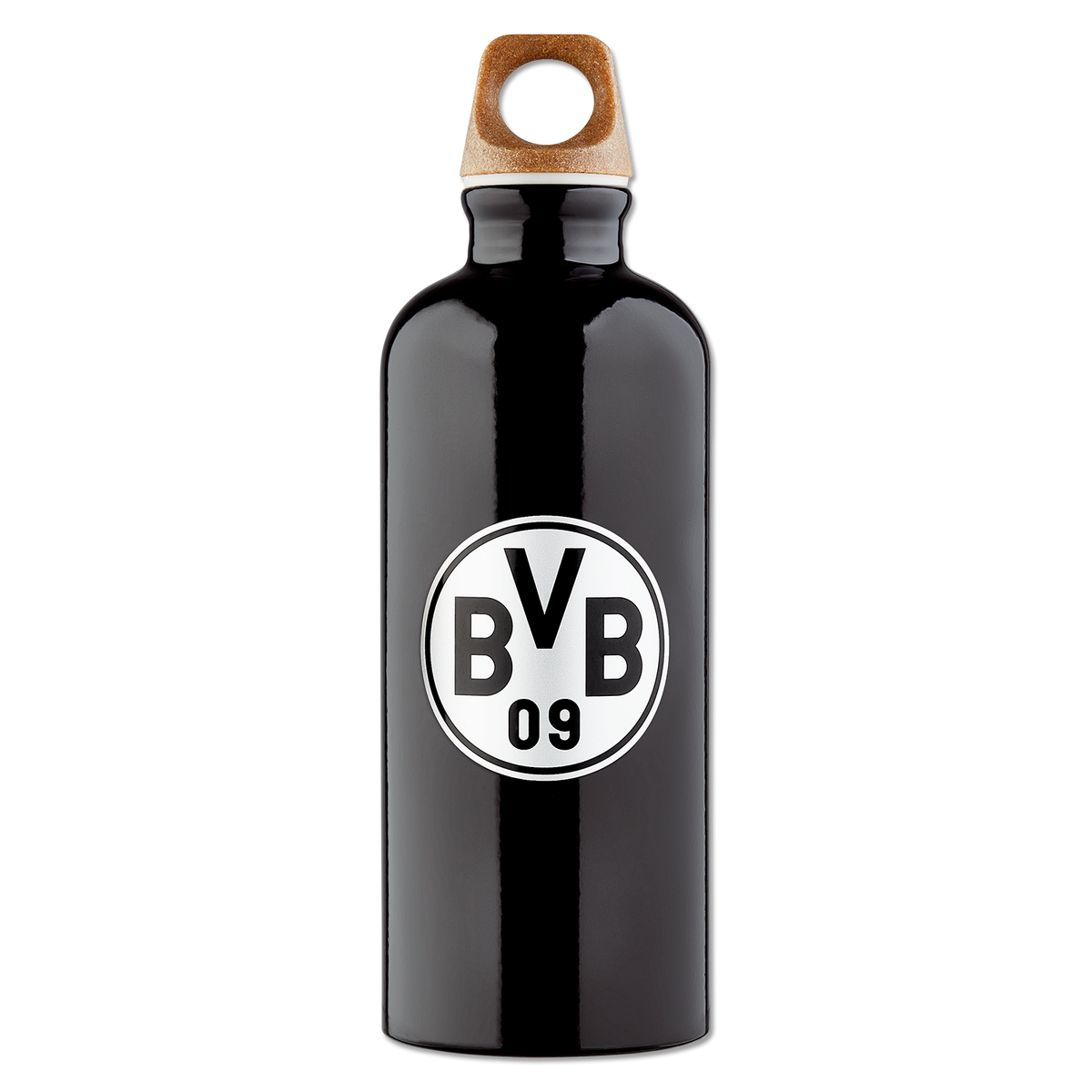 Schwarze Trinkflasche von SIGG mit 0,6l Volumen und BVB 09-Logo. Perfekt für Fans von Borussia Dortmund.