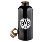 Schwarze BVB-SIGG-Trinkflasche aus Metall mit weißem BVB 09 Logo und abnehmbarem Deckel, 0,6 Liter Volumen, ideal für unterwegs oder Sport.