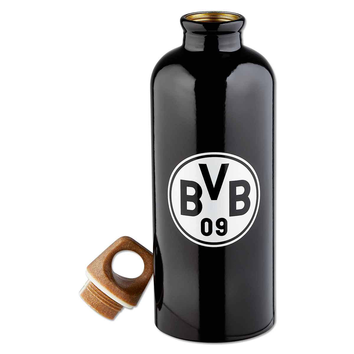 Schwarze BVB-SIGG-Trinkflasche aus Metall mit weißem BVB 09 Logo und abnehmbarem Deckel, 0,6 Liter Volumen, ideal für unterwegs oder Sport.