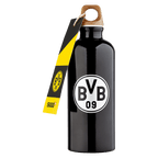 Schwarze BVB SIGG Trinkflasche mit 0,6l Fassungsvermögen und stylischem Holzdeckel. Ideal für Fans von Borussia Dortmund.