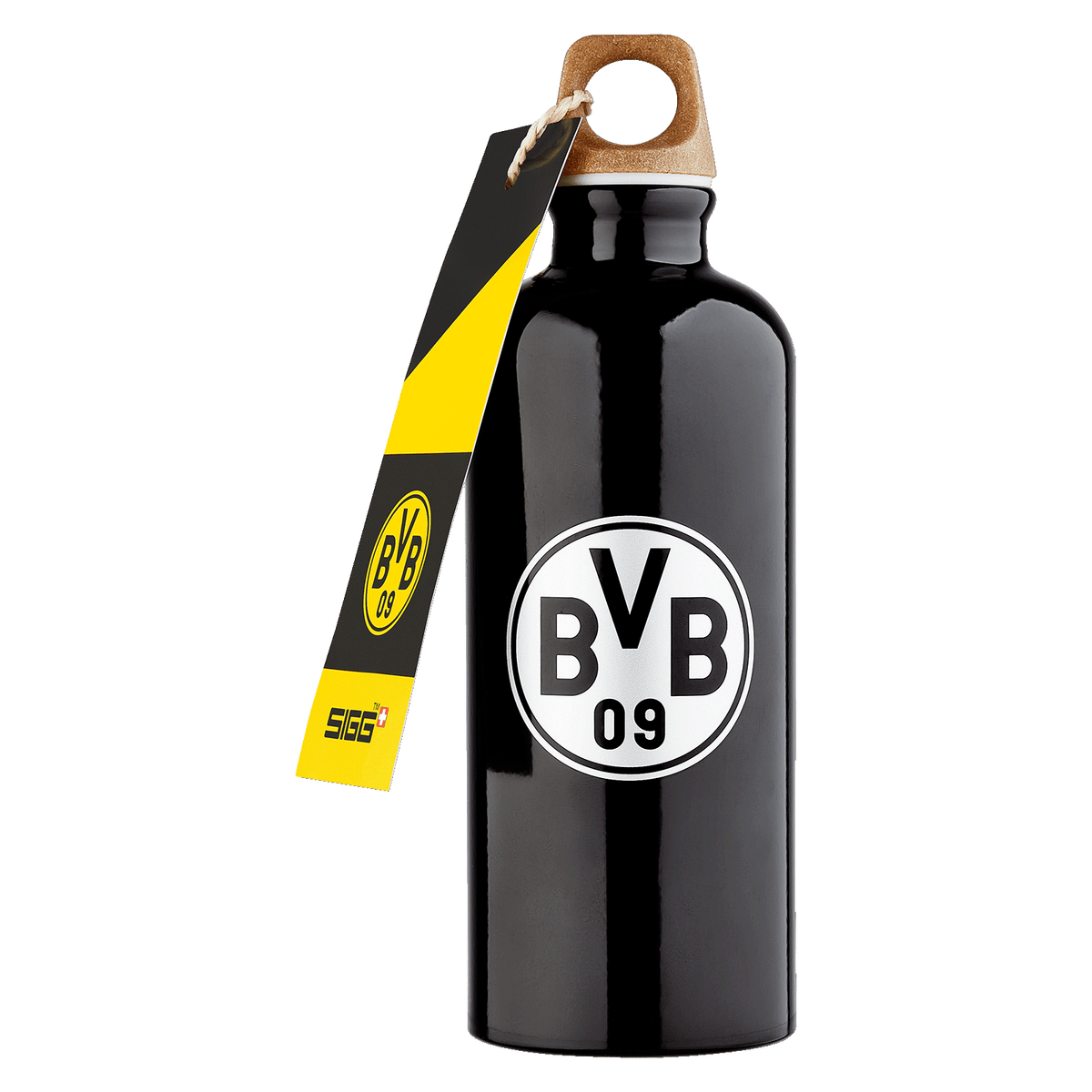 Black BVB SIGG water bottle with a 0.6-liter capacity and a stylish wooden cap. Ideal for Borussia Dortmund fans.