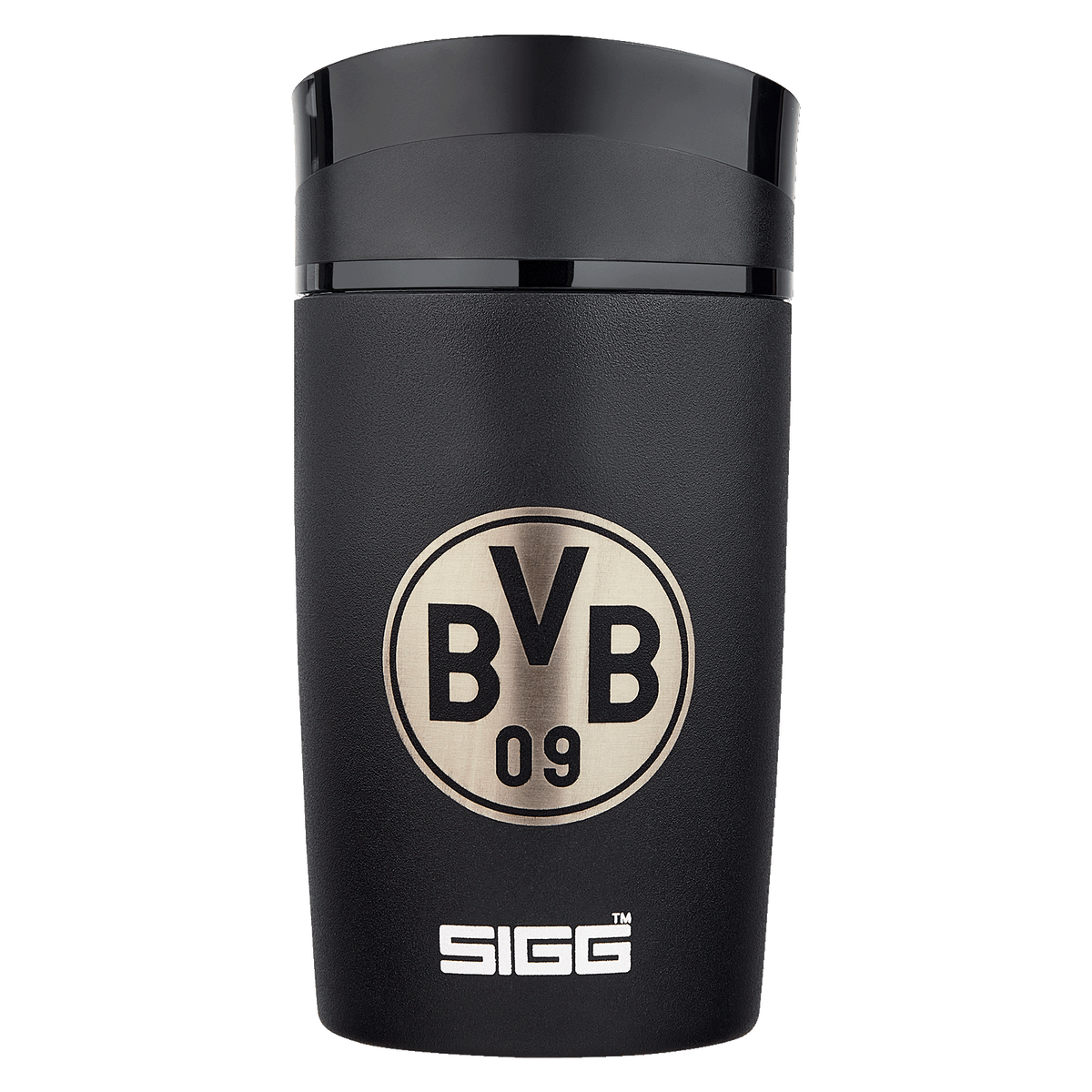 Schwarzer BVB SIGG Kaffeebecher to go mit edlem BVB-Logo, ideal für Fans von Borussia Dortmund, Fassungsvermögen 0,27 Liter.