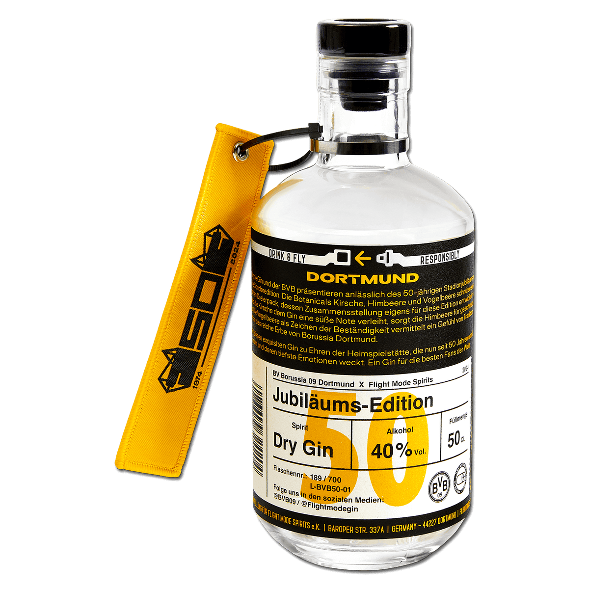 BVB Gin 'Flight Mode' in der Jubiläums-Edition anlässlich des 50-jährigen Stadionjubiläums, präsentiert in einer stilvollen 50-cl-Flasche mit schwarzgelbem Design.