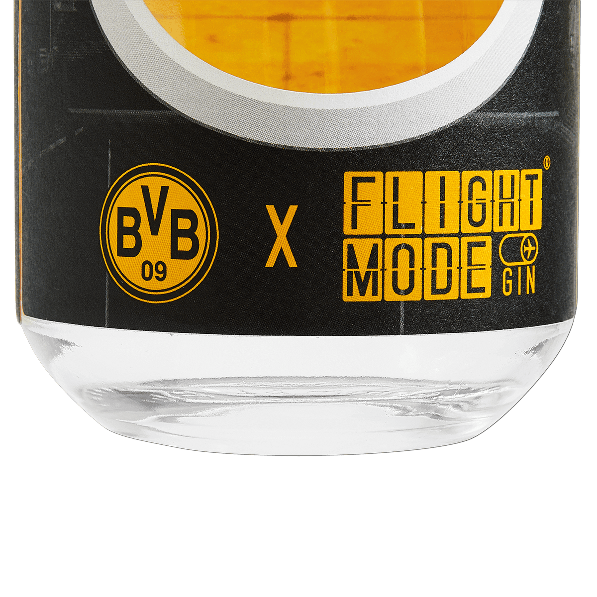 Botella de la colección «BVB Gin Flight», diseñada con motivo del aniversario del estadio, con un llamativo diseño en negro y amarillo y el logotipo del BVB, ideal para los aficionados del Borussia Dortmund.