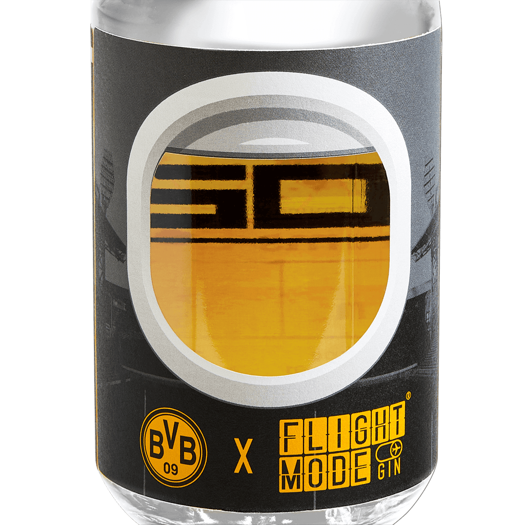 BVB-Gin Flight Mode in einer elegant gestalteten Glasflasche, passend zum Stadionjubiläum, mit schwarzgelbem Design und BVB-Logo.