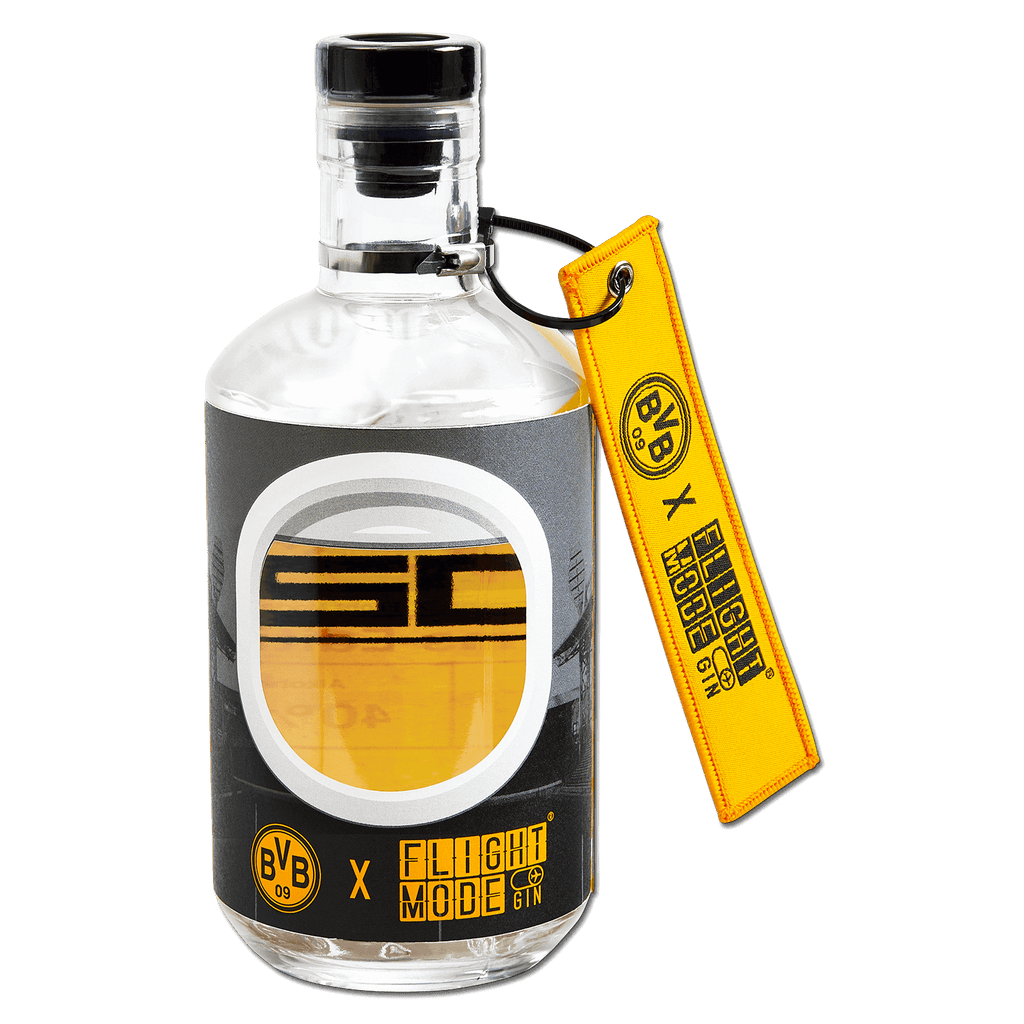 Ginebra BVB «Flight Mode», edición especial en una elegante botella de cristal con etiqueta negra y amarilla y una etiqueta colgante amarilla, elaborada con motivo del aniversario del estadio del Borussia Dortmund.