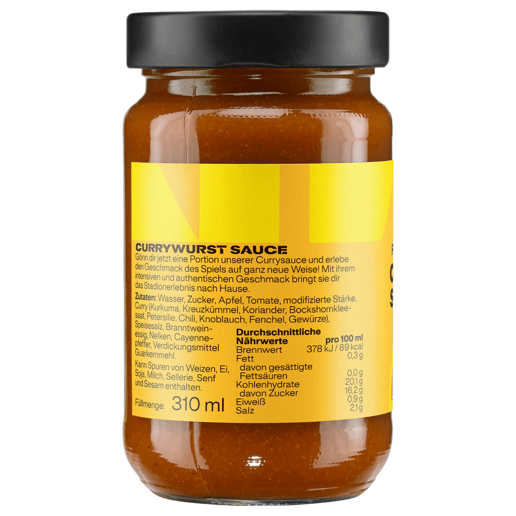 Das BVB Currywurst Sauce Glas, 310ml, mit gelbem Etikett und detaillierten Angaben zu Inhaltsstoffen und Nährwerten, passend für echte BVB-Fans.