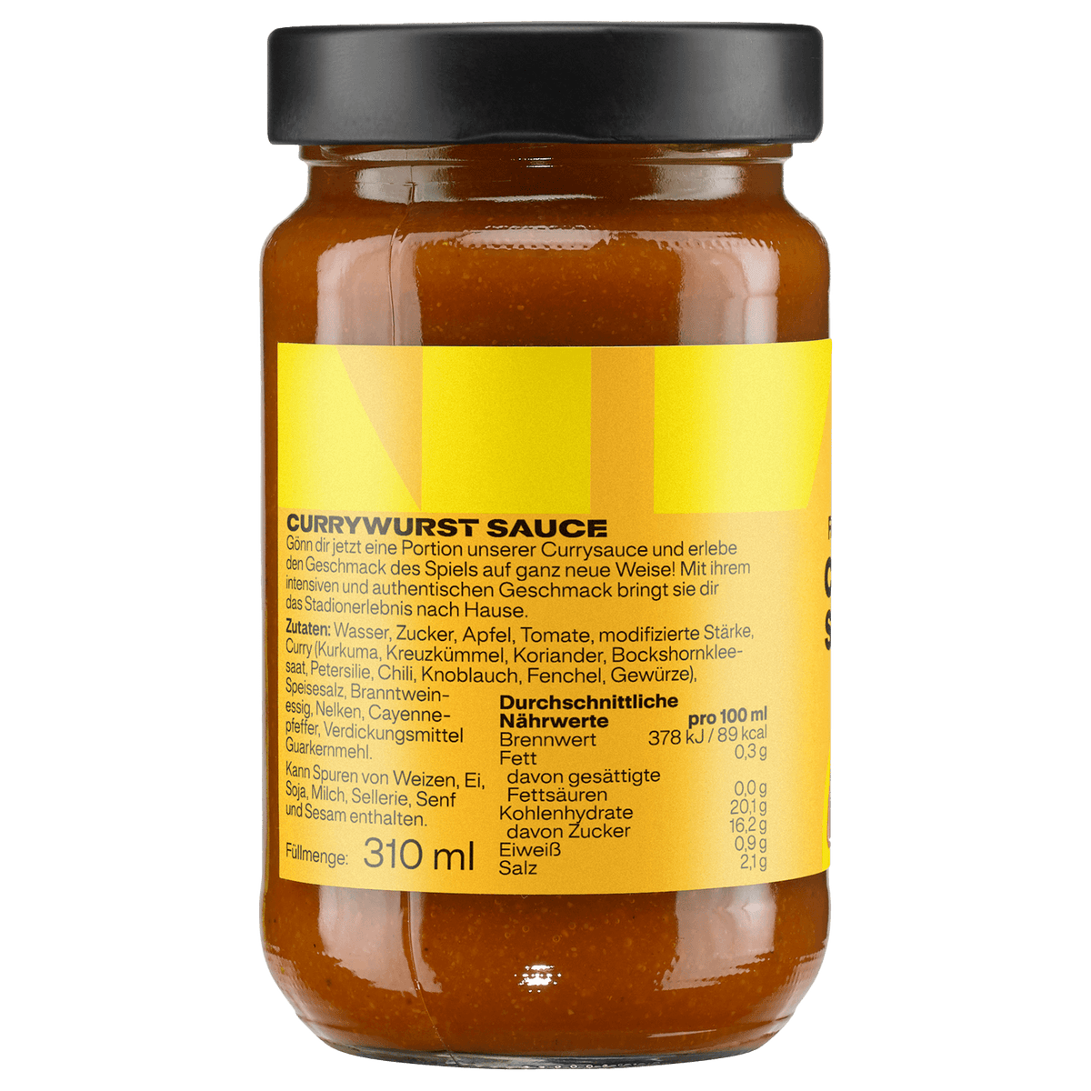 Das BVB Currywurst Sauce Glas, 310ml, mit gelbem Etikett und detaillierten Angaben zu Inhaltsstoffen und Nährwerten, passend für echte BVB-Fans.