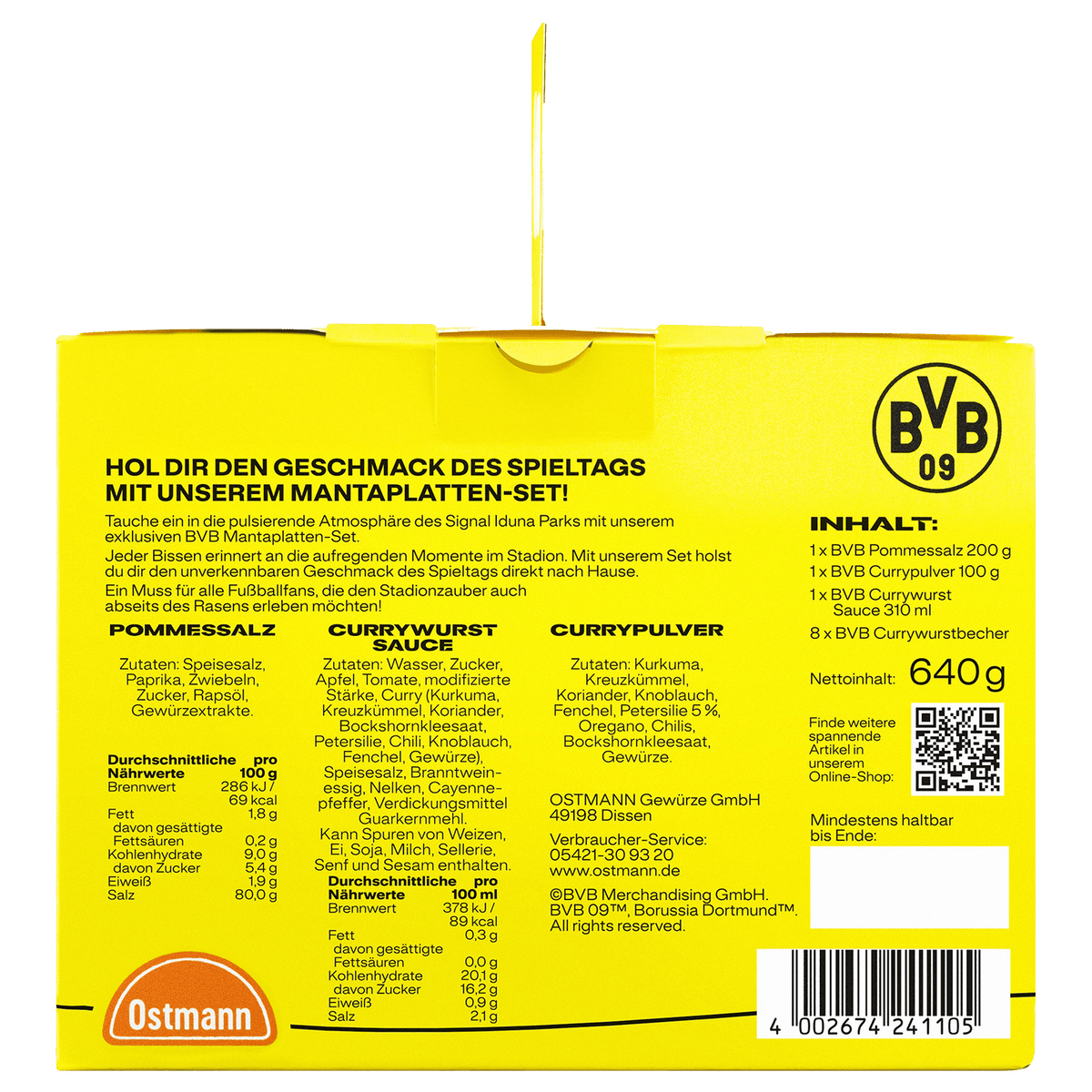 Gelbe Verpackung des BVB Mantaplatten-Sets mit BVB-Logo und Zutaten für Currywurst, Pommes sowie Currygewürze, inspiriert vom SIGNAL IDUNA PARK Stadionerlebnis.