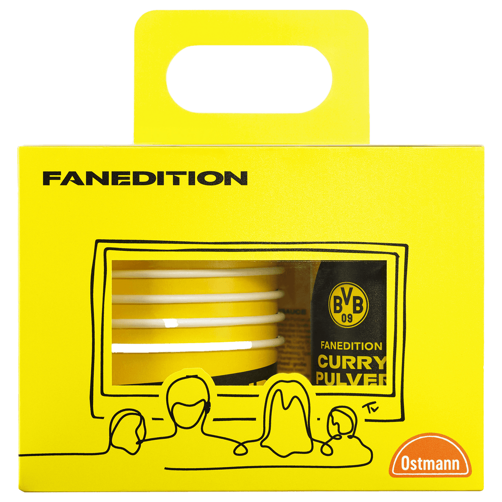 Gelbes BVB Fanedition Curry Pulver Set mit Ostmann-Logo, sichtbarem BVB 09-Logo und Fensterausschnitt.