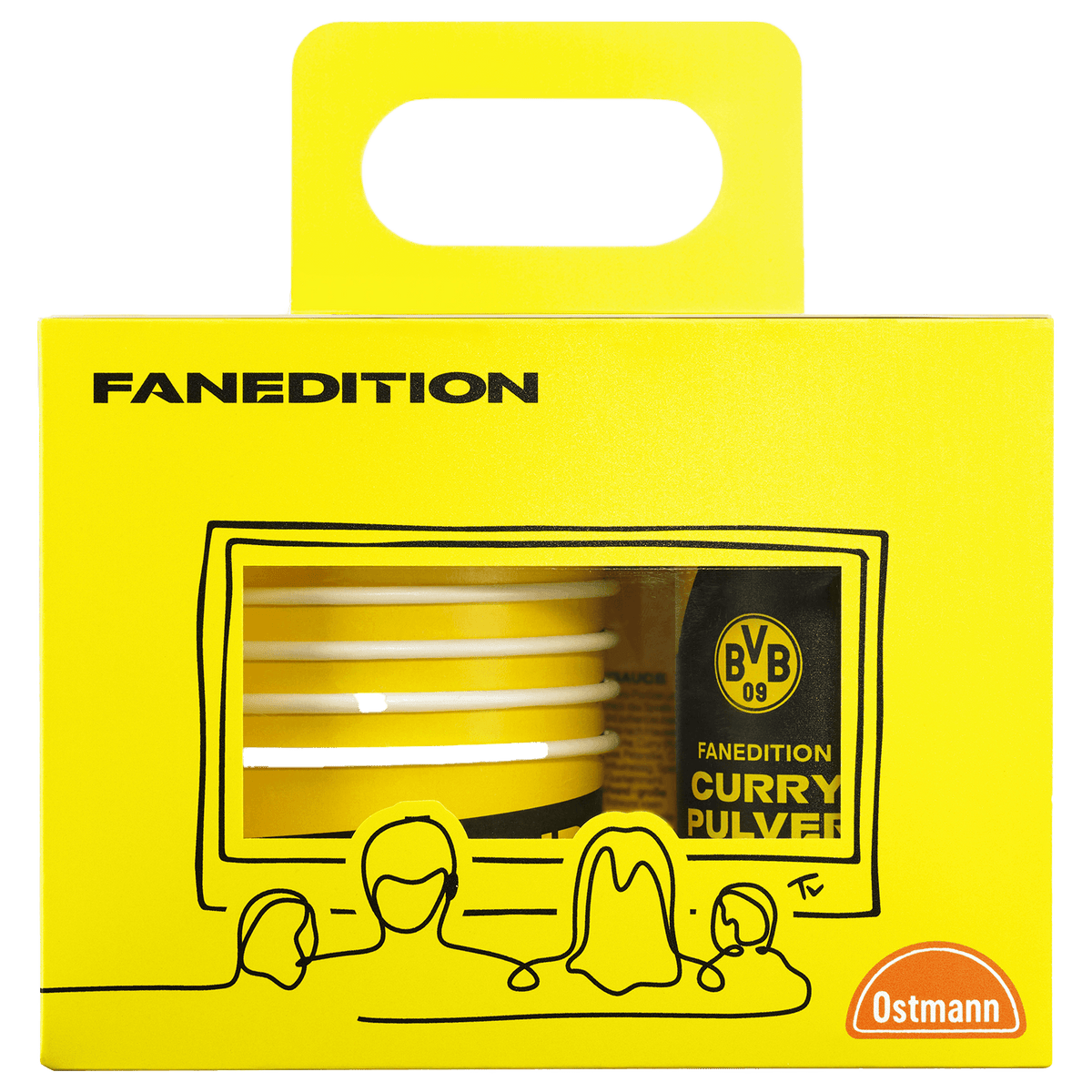 Gelbes BVB Fanedition Curry Pulver Set mit Ostmann-Logo, sichtbarem BVB 09-Logo und Fensterausschnitt.