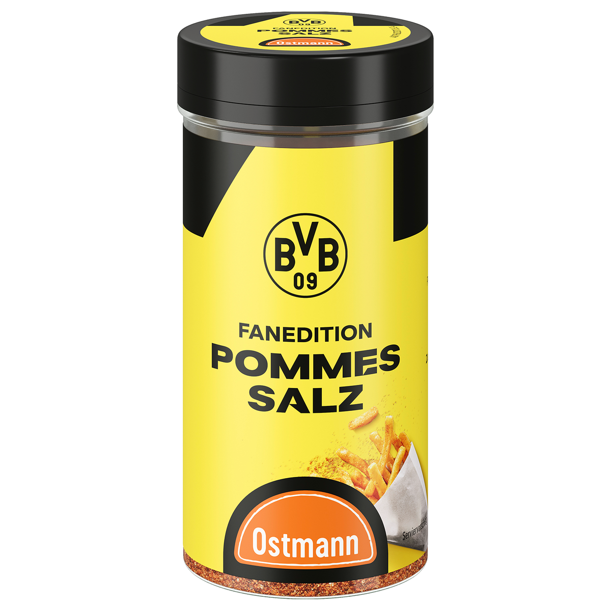 Ostmann出品的BVB球迷版薯条盐，采用黑黄配色设计，印有BVB队徽和薯条图案，既可作为球迷周边，也可作为厨房用品。